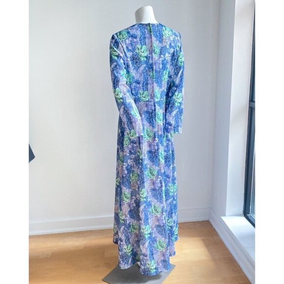 Vintage Abstract Floral Rose print Blue Green Long  Sleeve Maxi M - Picture 6 of 8